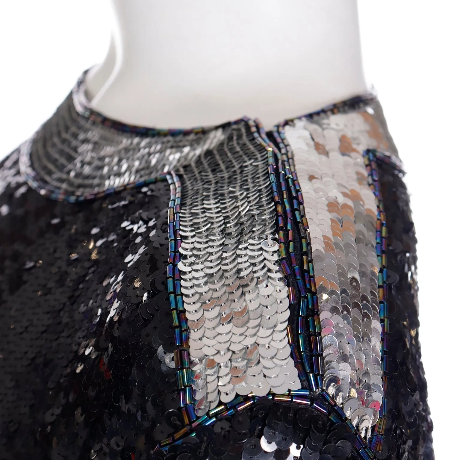 1970s Yves Saint Laurent Black & Silver Beaded & Sequin Silk Evening Top