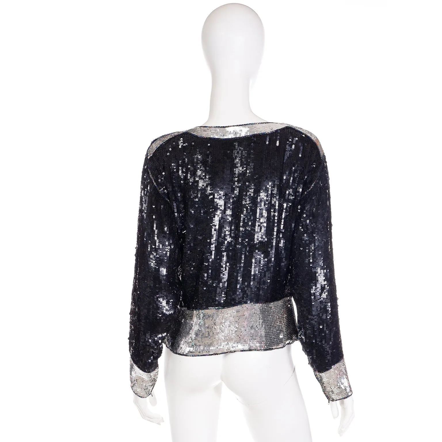 1970s Yves Saint Laurent Black & Silver Beaded & Sequin Silk Evening Top