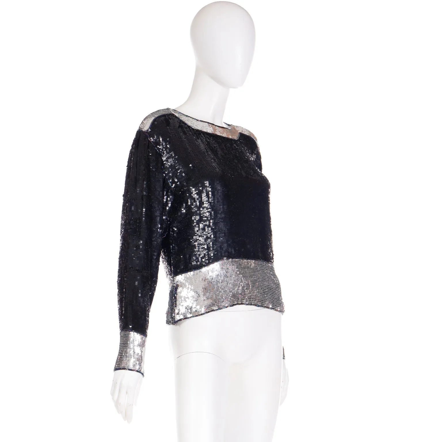 1970s Yves Saint Laurent Black & Silver Beaded & Sequin Silk Evening Top