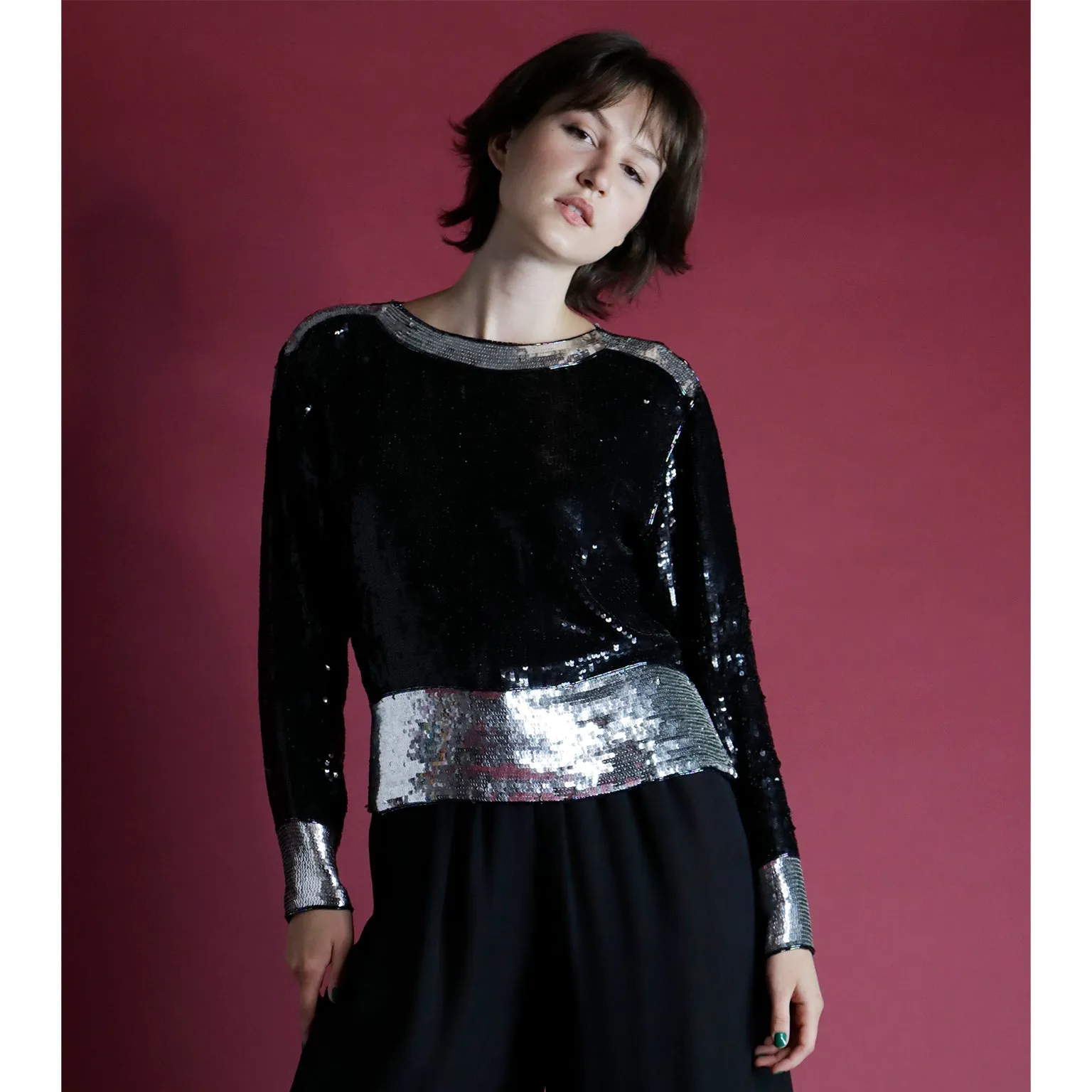 1970s Yves Saint Laurent Black & Silver Beaded & Sequin Silk Evening Top