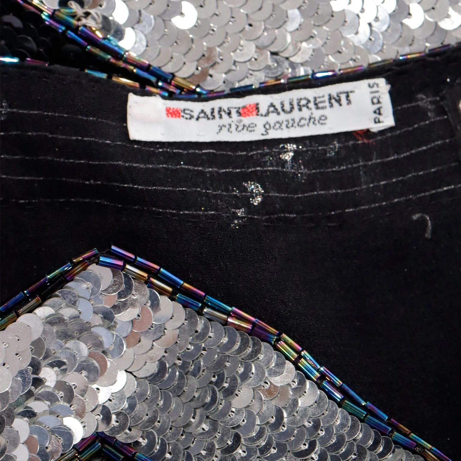 1970s Yves Saint Laurent Black & Silver Beaded & Sequin Silk Evening Top