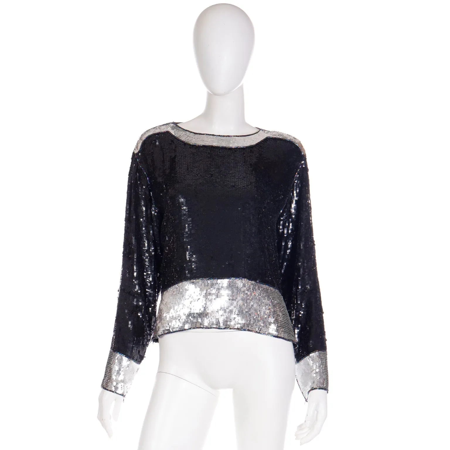 1970s Yves Saint Laurent Black & Silver Beaded & Sequin Silk Evening Top