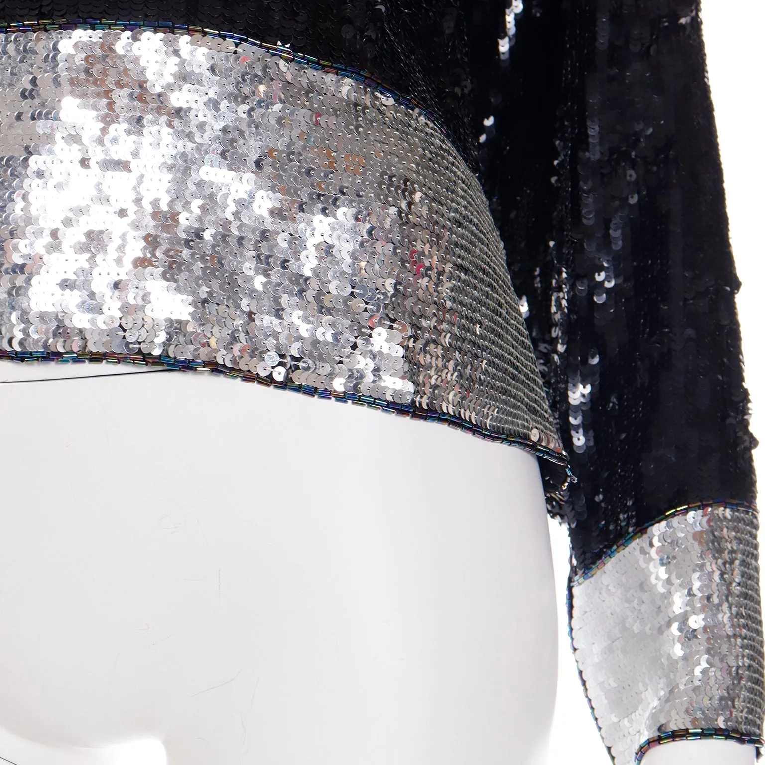 1970s Yves Saint Laurent Black & Silver Beaded & Sequin Silk Evening Top