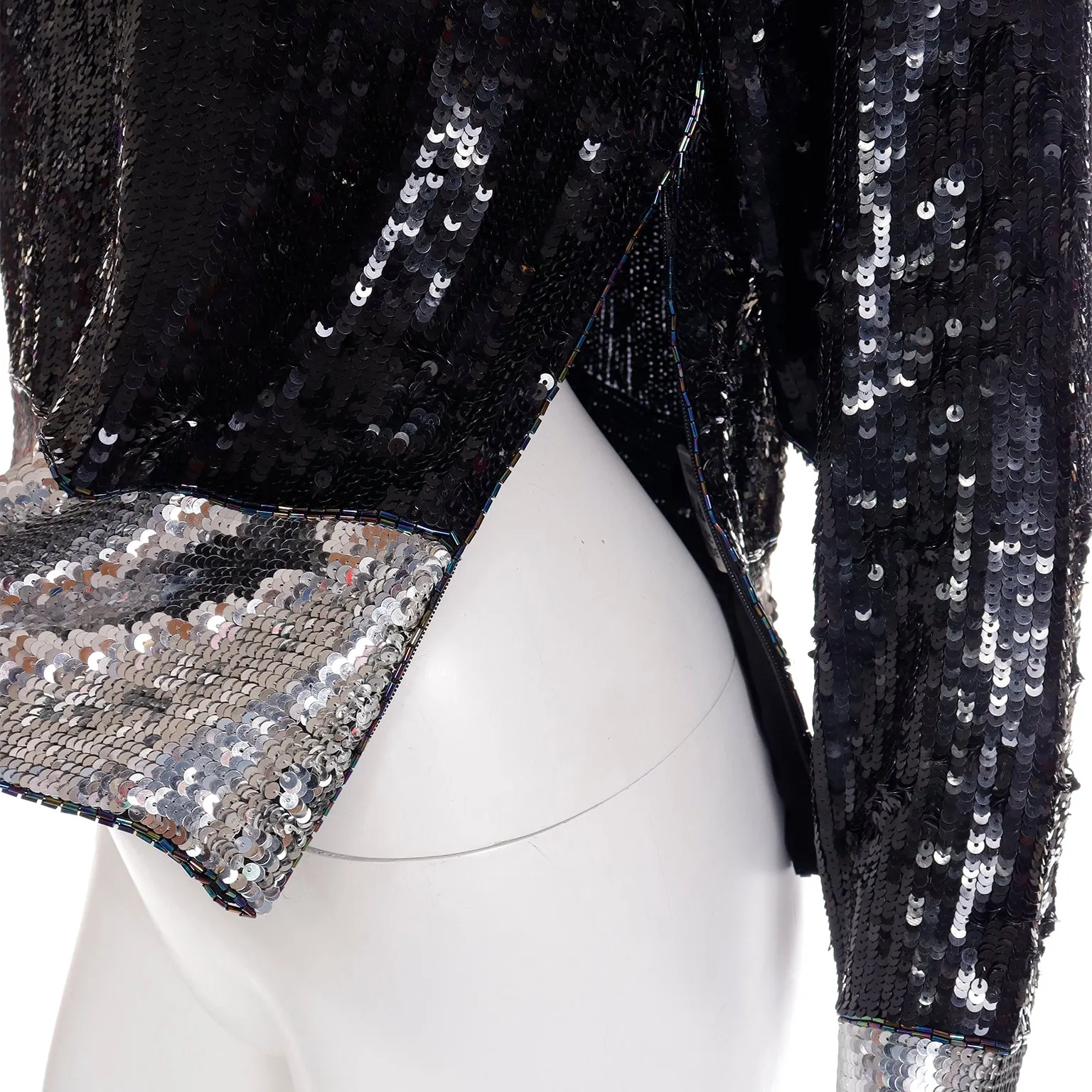 1970s Yves Saint Laurent Black & Silver Beaded & Sequin Silk Evening Top