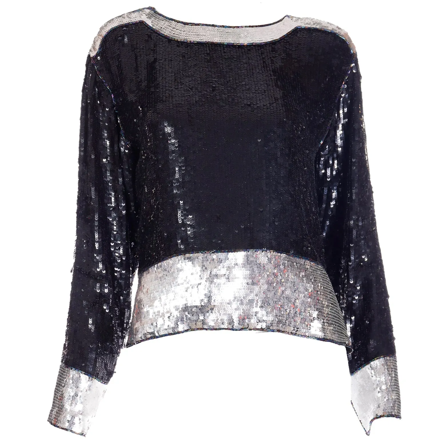 1970s Yves Saint Laurent Black & Silver Beaded & Sequin Silk Evening Top
