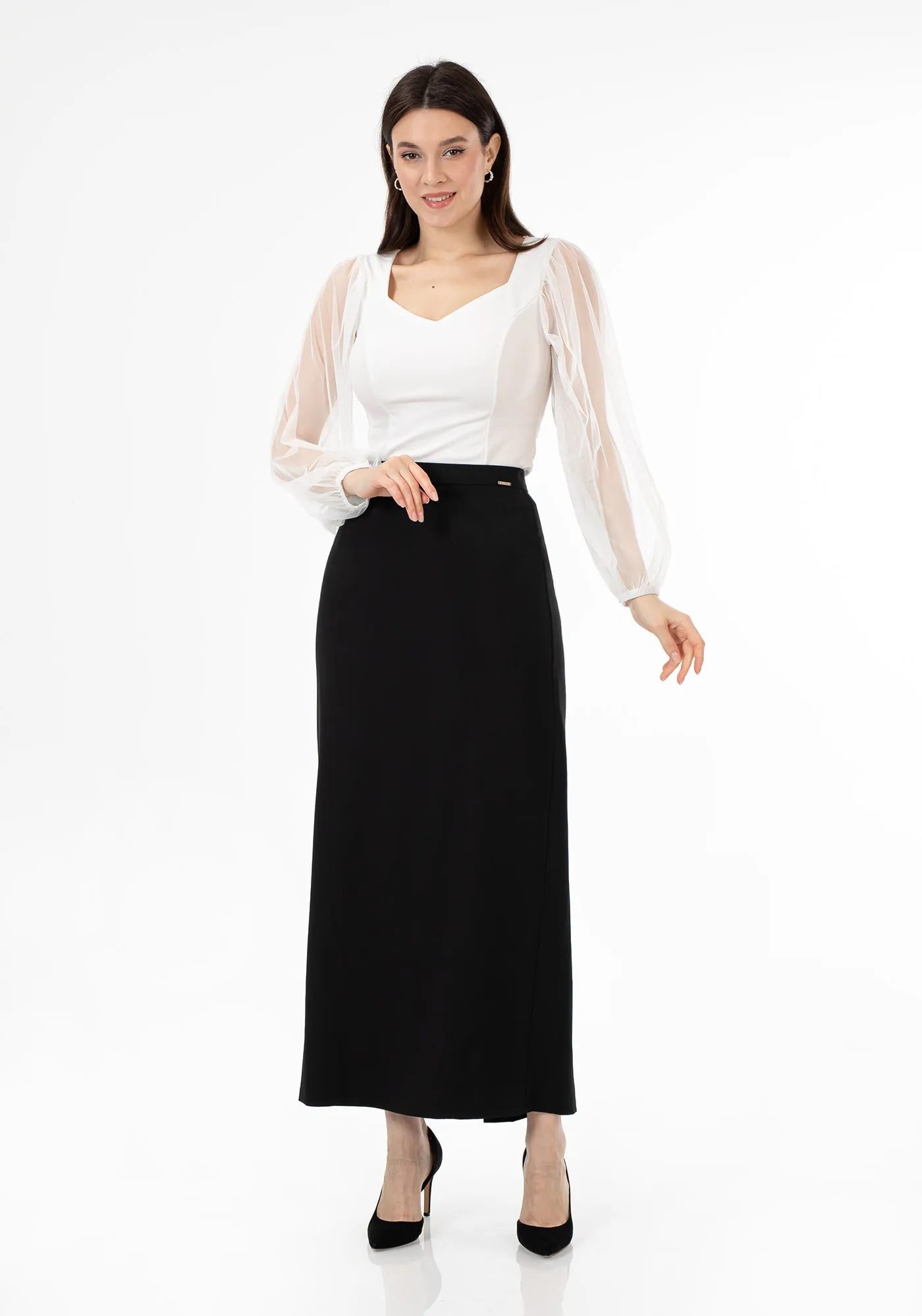 Black Ankle Length Plus Size Back Split Maxi Skirt - G-Line