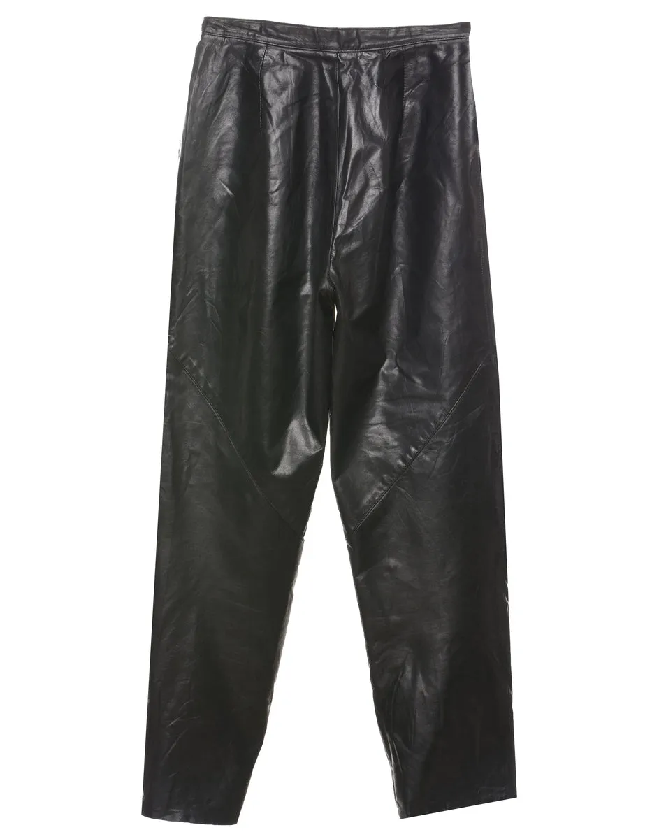 Black High Waist Pleated Leather Trousers - W26 L30