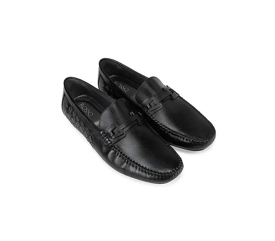 Black Weave Textured Leather Moccasins