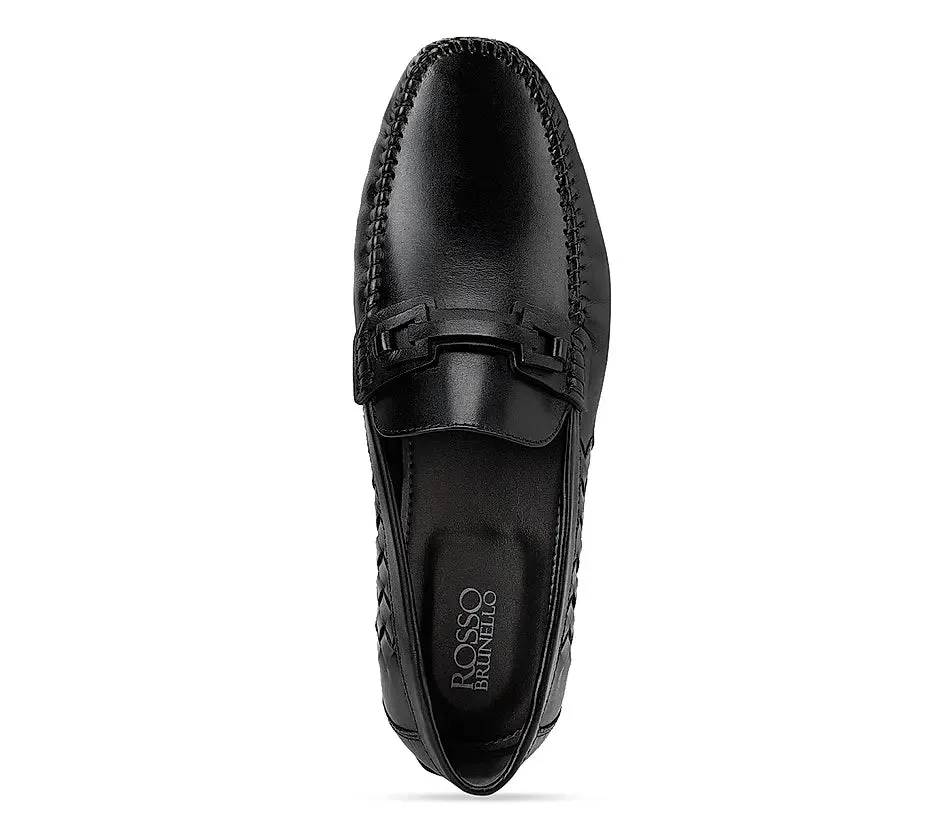 Black Weave Textured Leather Moccasins