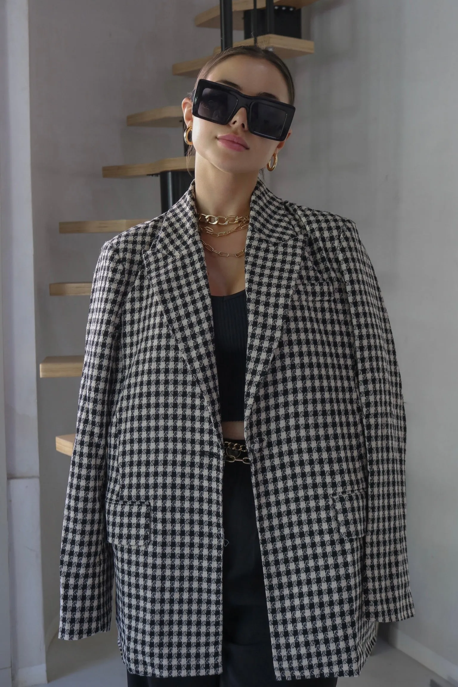 'Bonheur' Oversized Vintage Checkered Gingham Blazer in Black and White