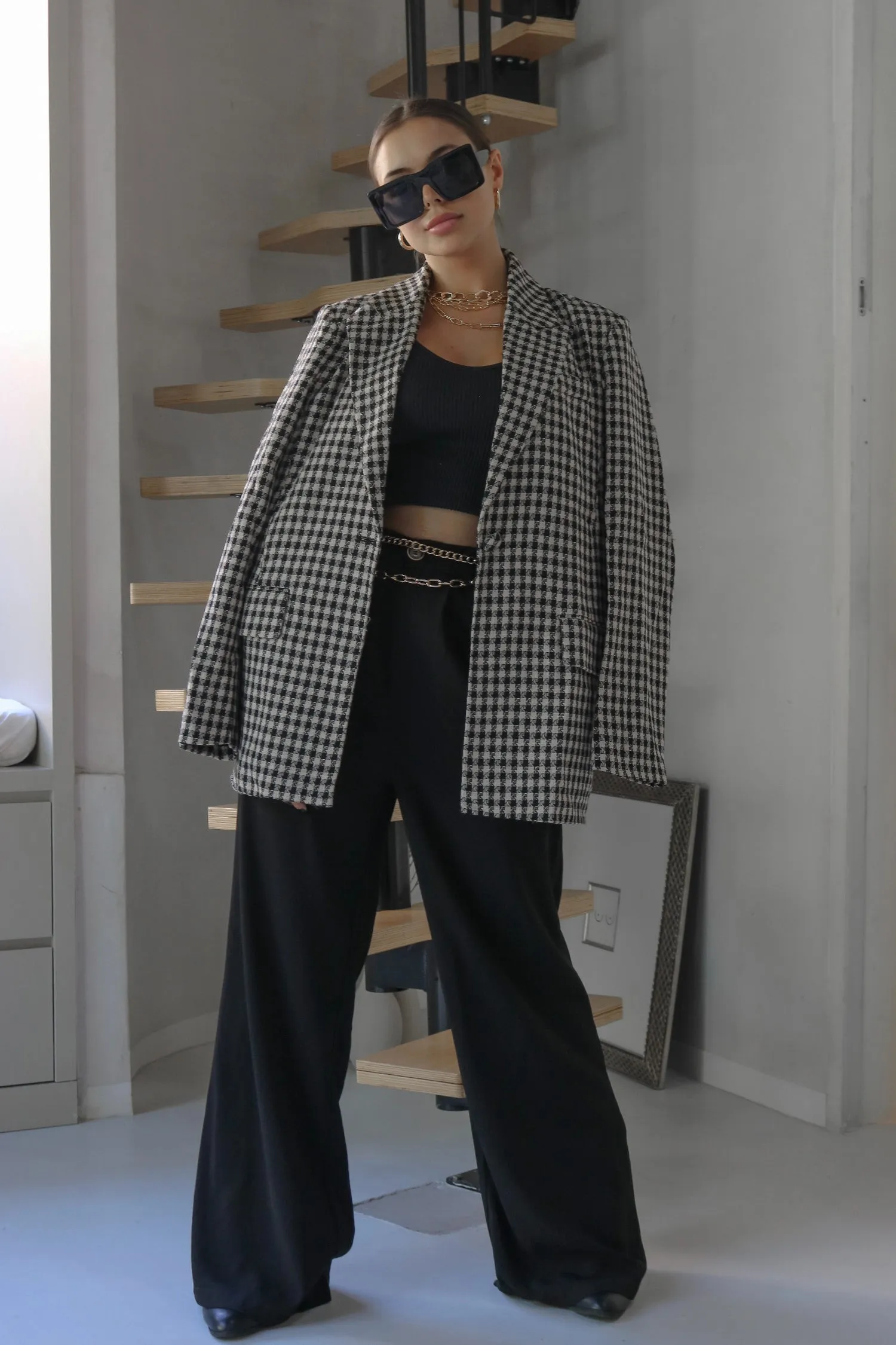 'Bonheur' Oversized Vintage Checkered Gingham Blazer in Black and White