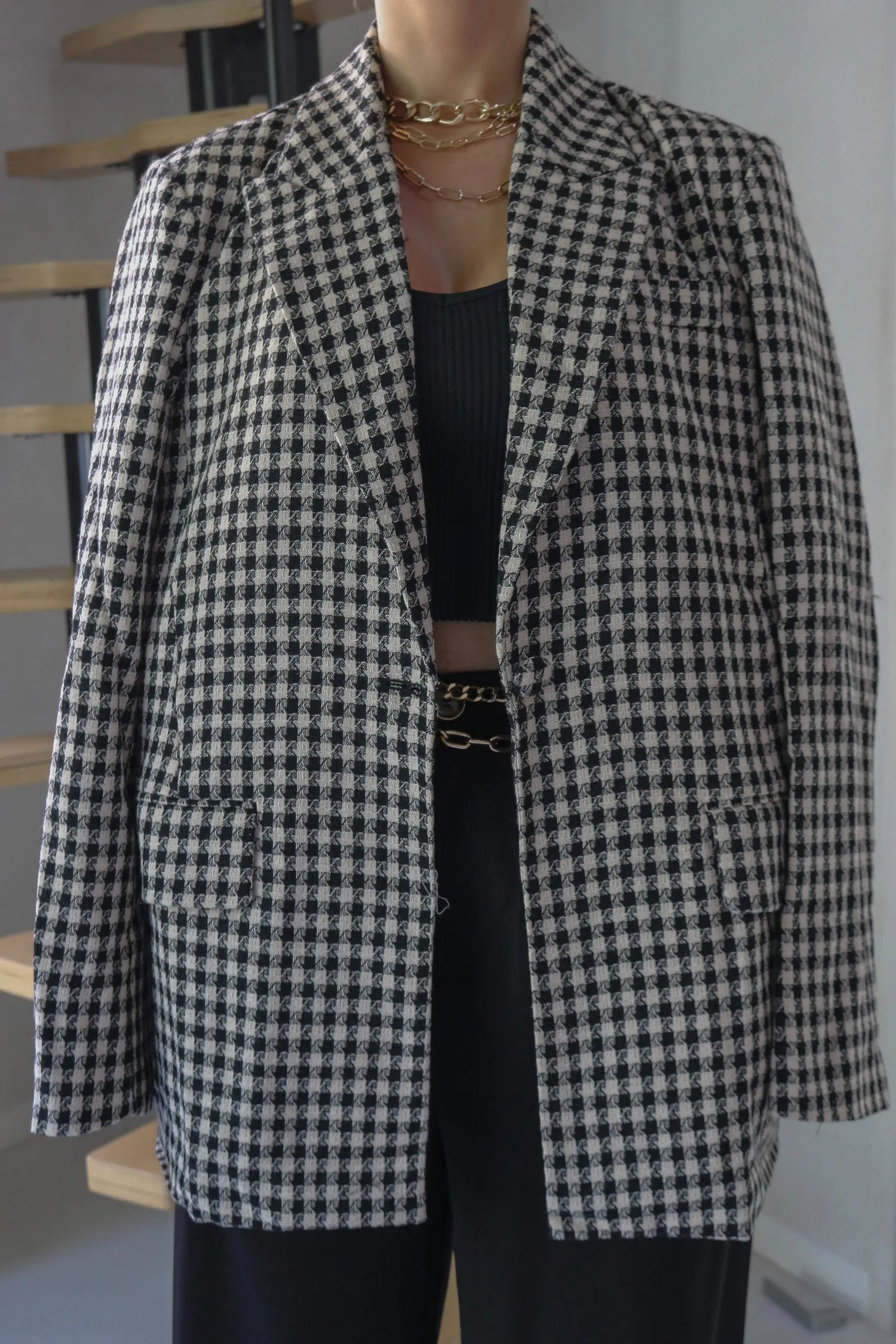 'Bonheur' Oversized Vintage Checkered Gingham Blazer in Black and White