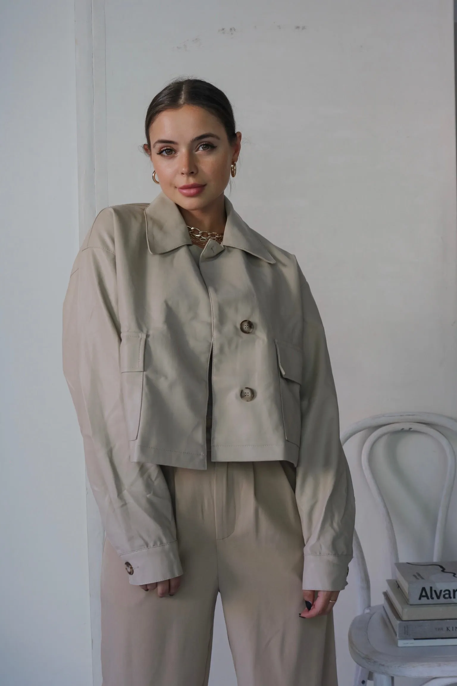 'Carter' Collared Faux Leather Jacket in Beige