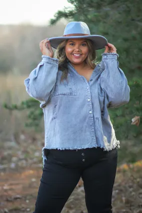 Curvy Grey Distressed Denim Jacket