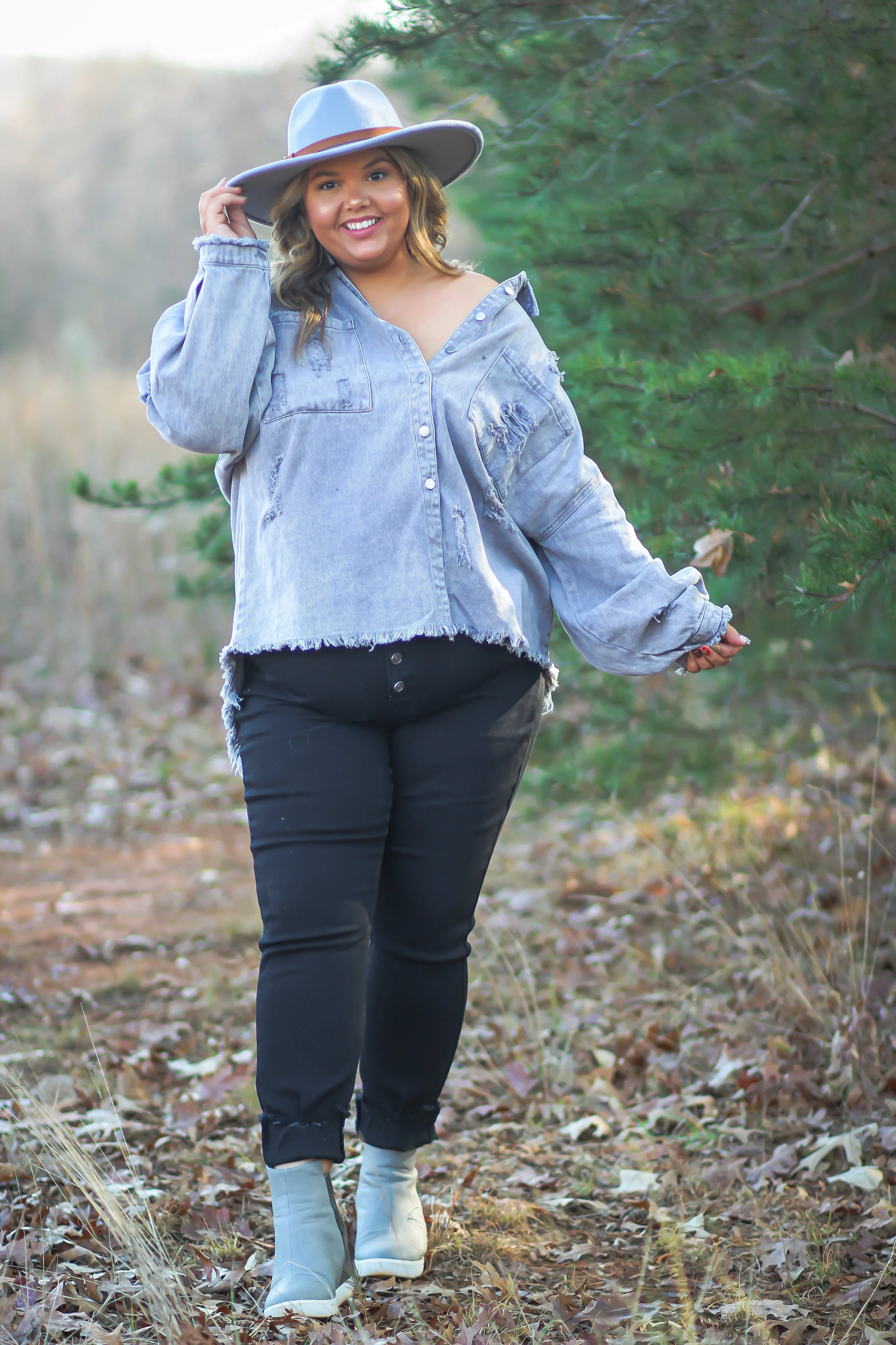 Curvy Grey Distressed Denim Jacket