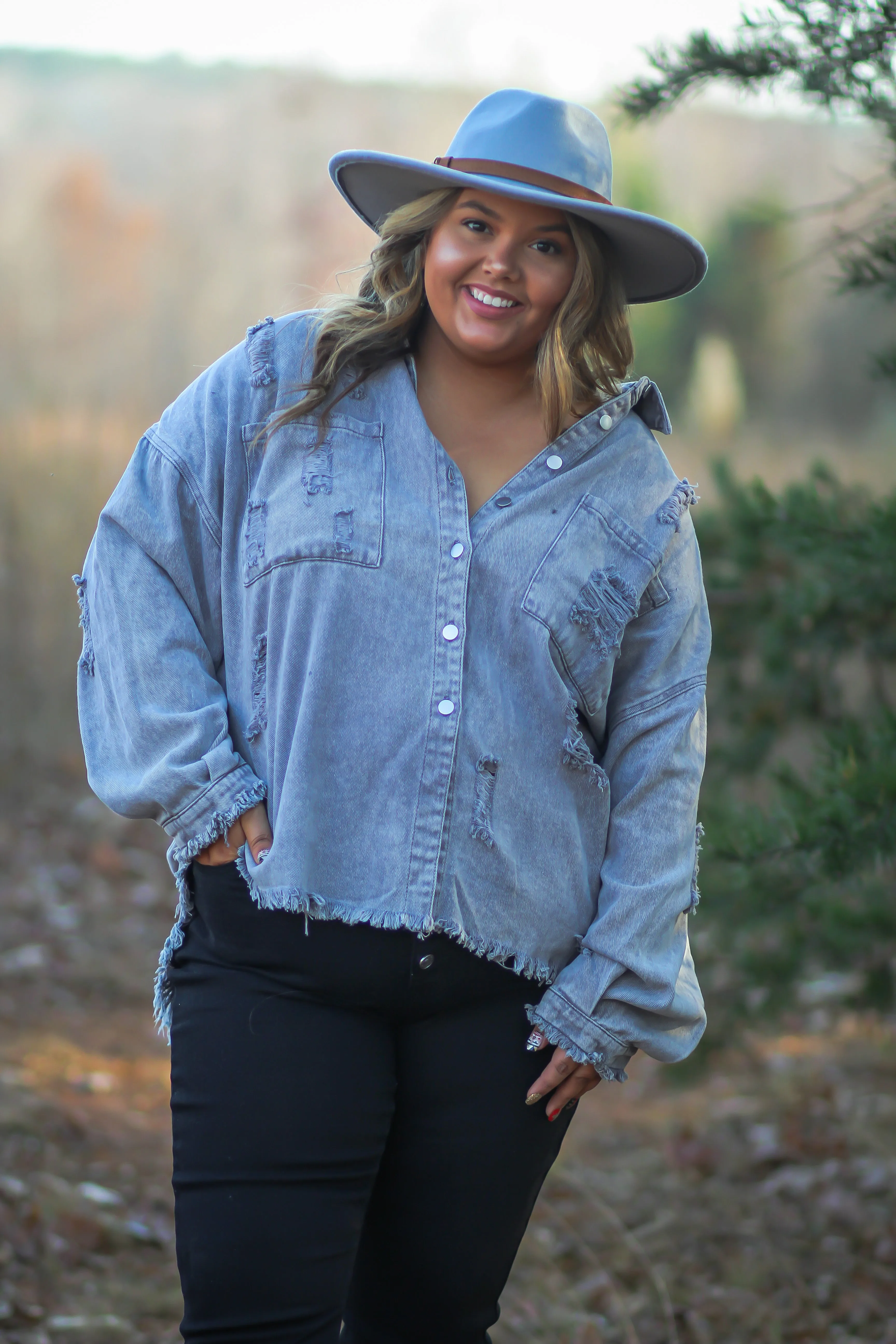 Curvy Grey Distressed Denim Jacket