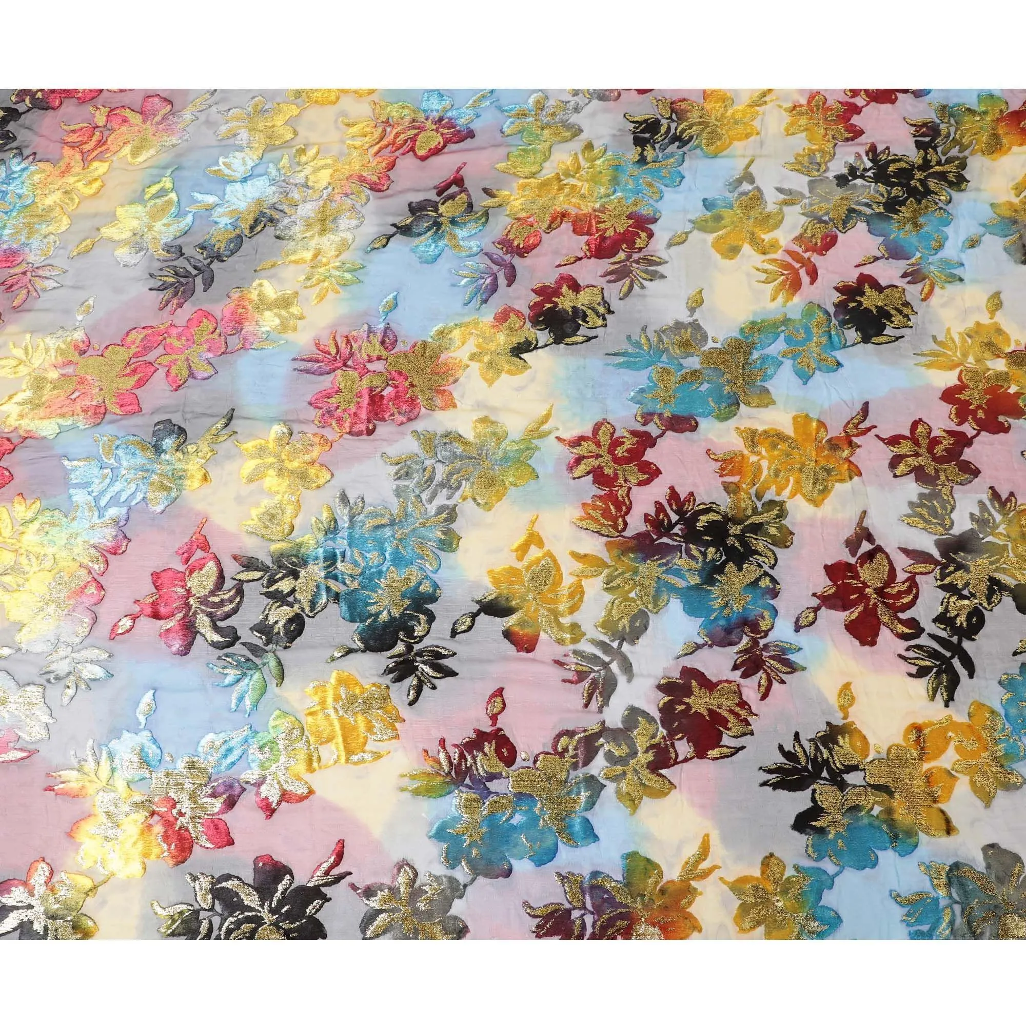 Digital Printed multi coloured Silk Chiffon fabric (makmal) with film metallic lurex and velvet in floral design for Dirac - D9902