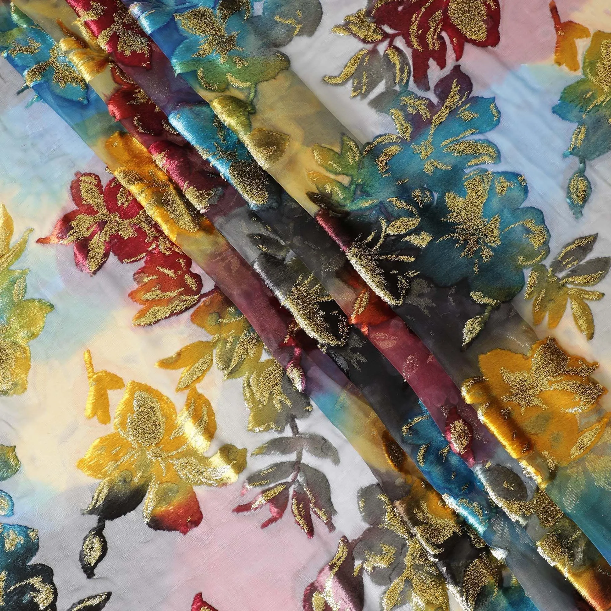 Digital Printed multi coloured Silk Chiffon fabric (makmal) with film metallic lurex and velvet in floral design for Dirac - D9902