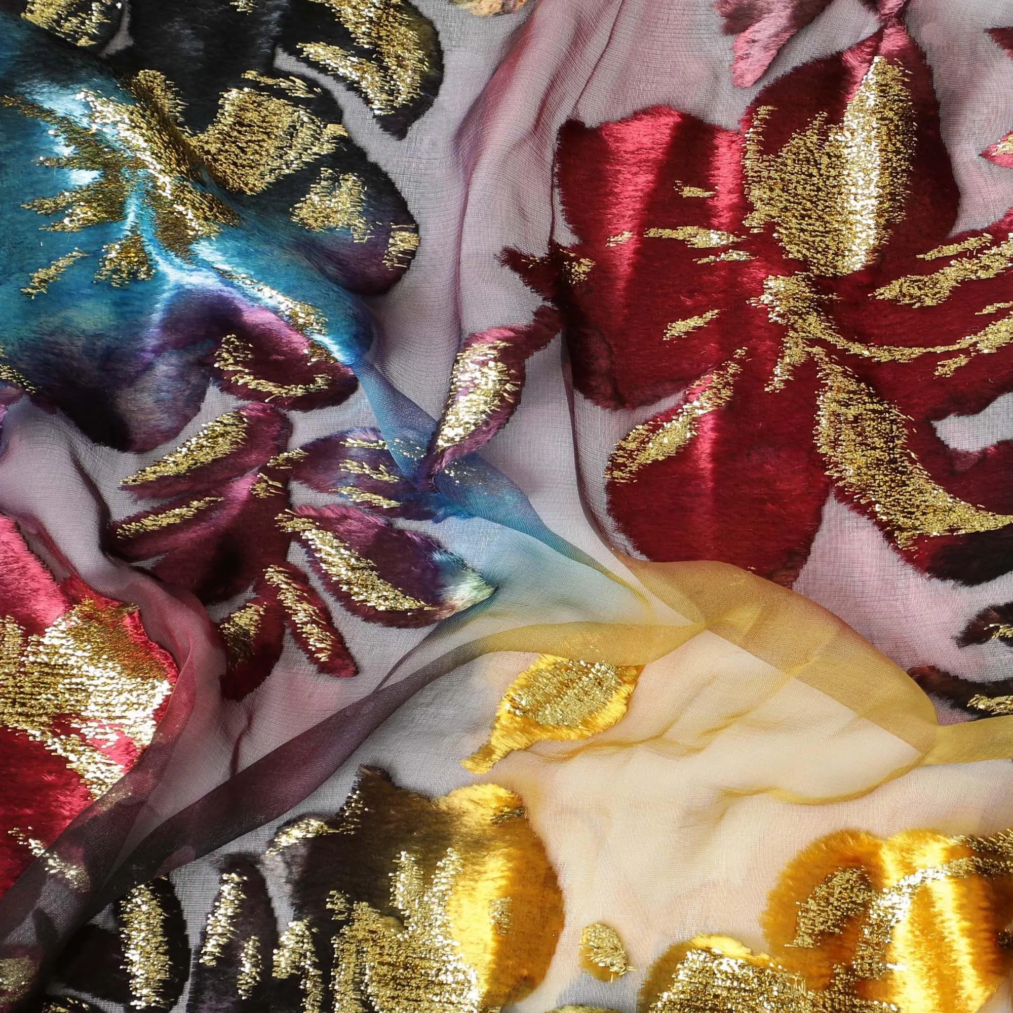 Digital Printed multi coloured Silk Chiffon fabric (makmal) with film metallic lurex and velvet in floral design for Dirac - D9902