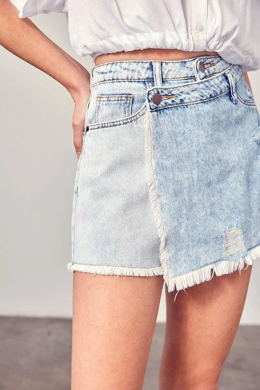 Distressed Cross Lap Denim Shorts Washed Denim