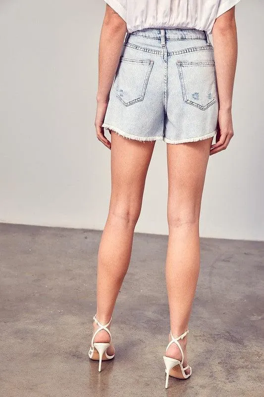 Distressed Cross Lap Denim Shorts Washed Denim