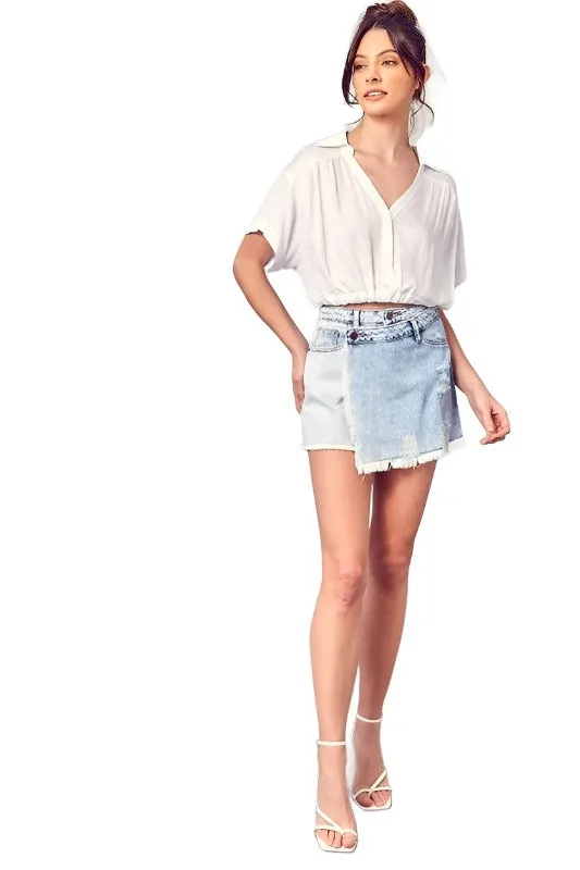 Distressed Cross Lap Denim Shorts Washed Denim