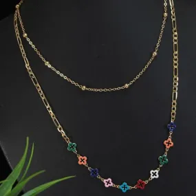 Gold Plated Multi Layered Colourful Clover Necklace