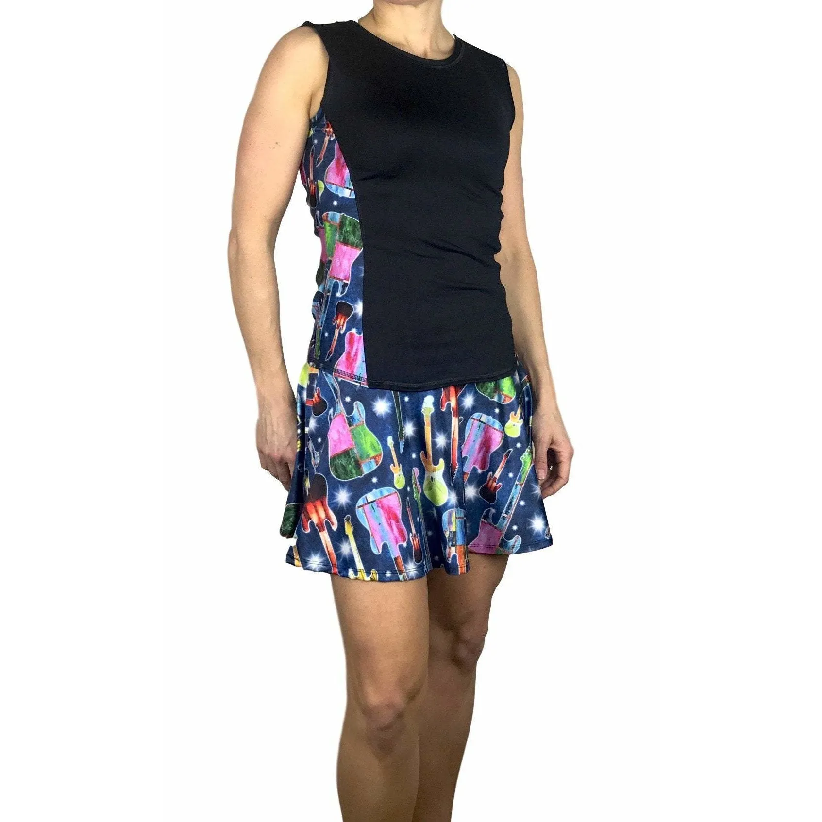 Guitar Rock 'n' Roll Women's Athletic Outfit - Running Outfit, Golf Apparel, Tennis Outfit Skirt w/ built in compression shorts