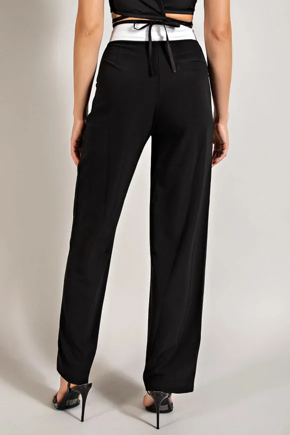 High Waisted Twill Trousers w/ Waist Contrast BLK/WHT