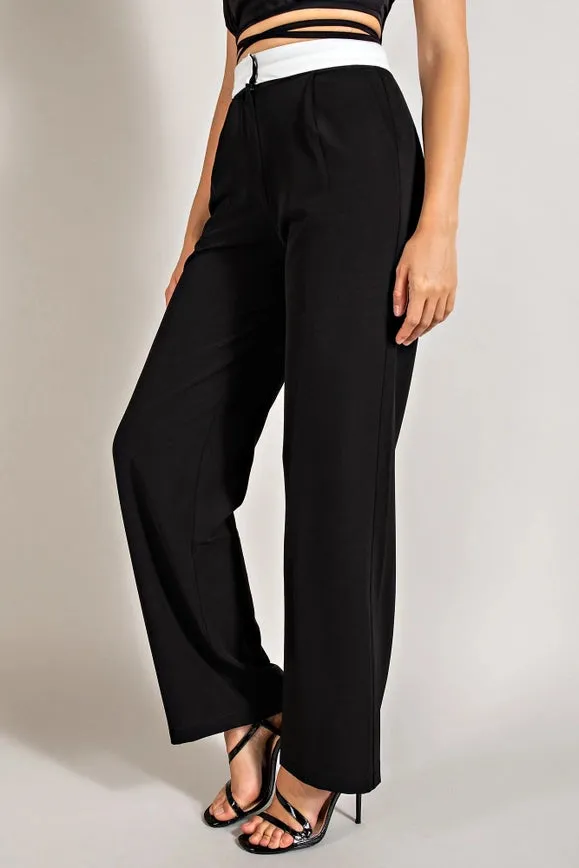 High Waisted Twill Trousers w/ Waist Contrast BLK/WHT
