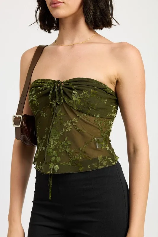 Hot Girl Floral Mesh Flyaway Tube Top In Olive