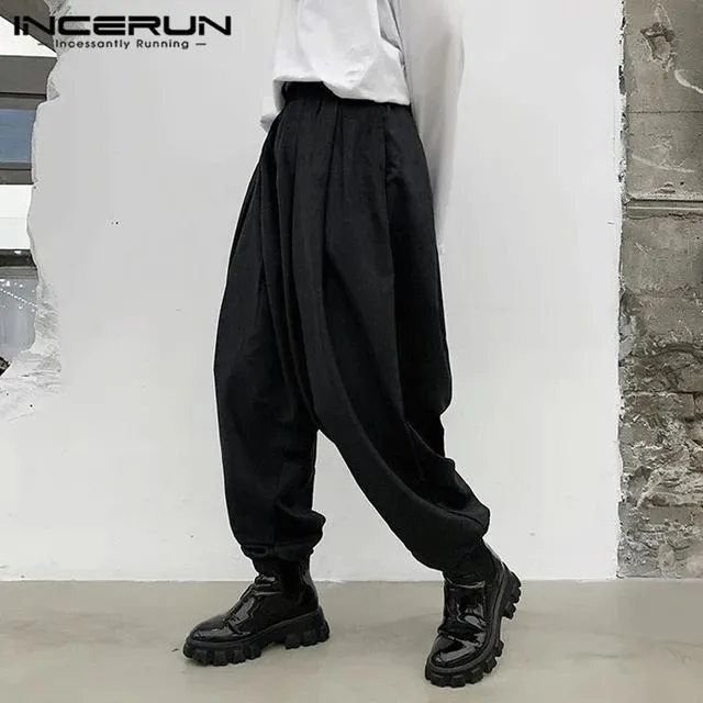 INCERUN New Fashion Men Pants Baggy Elastic Waist Solid Pleated Trousers Men Streetwear Harem Pants S4344400