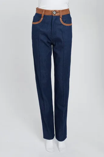 Indigo High-Waisted Jeans With Brown Leather Trim