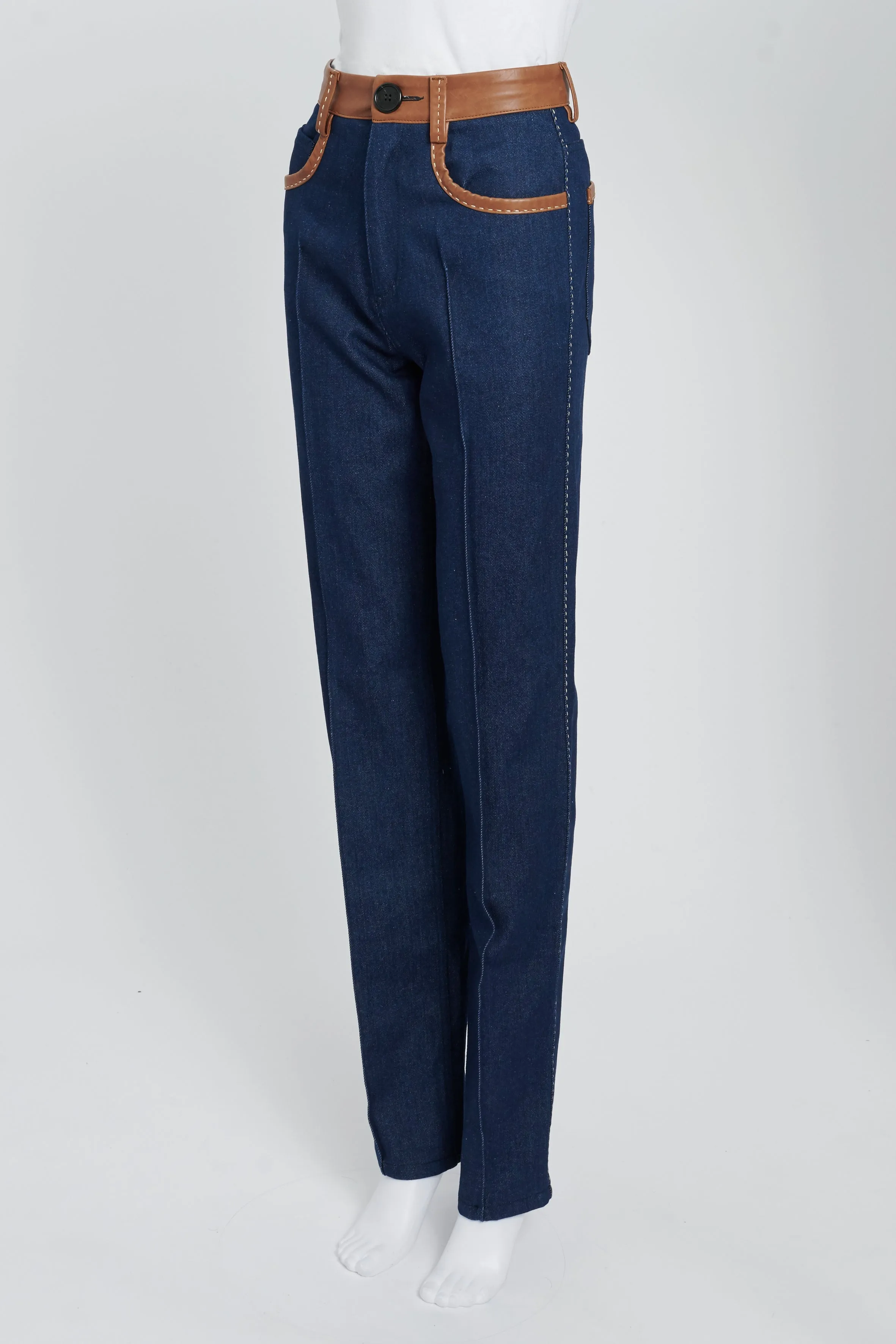 Indigo High-Waisted Jeans With Brown Leather Trim