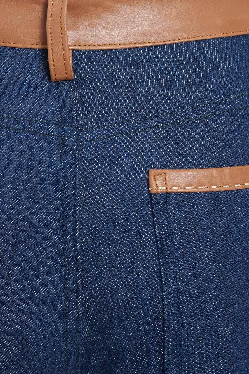 Indigo High-Waisted Jeans With Brown Leather Trim