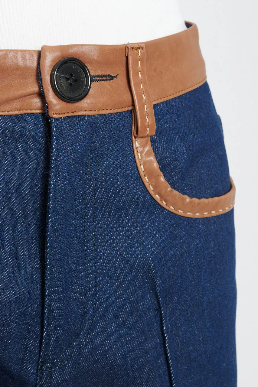 Indigo High-Waisted Jeans With Brown Leather Trim