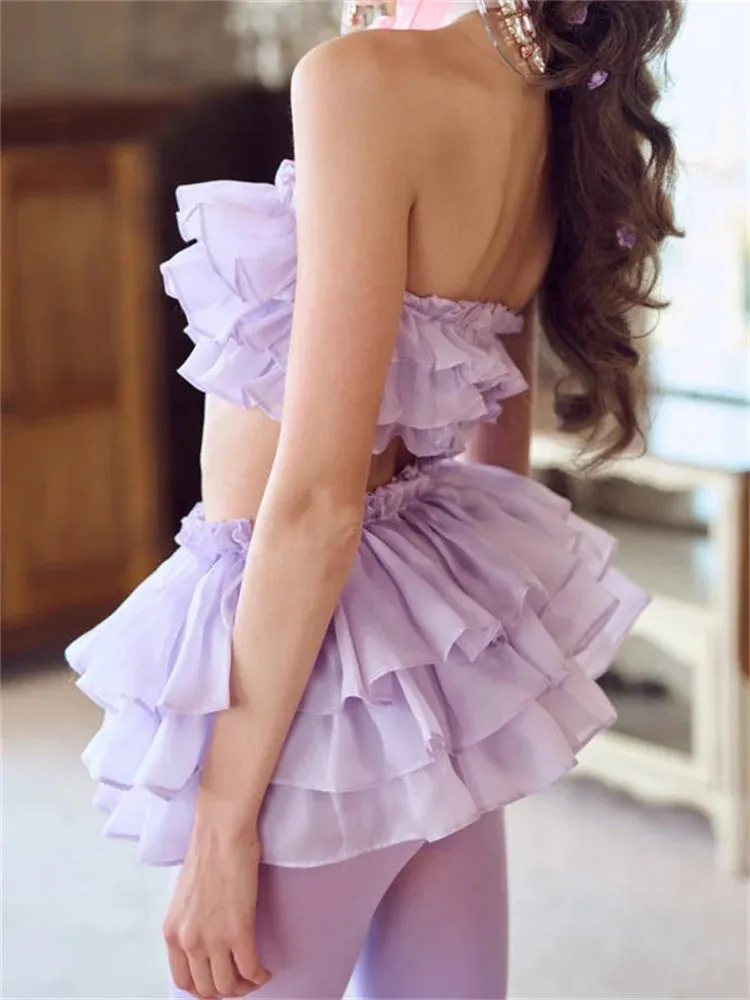 JuliaFashion - Solid Color Layered Ruffles Tube Tops Short Skirts Suits