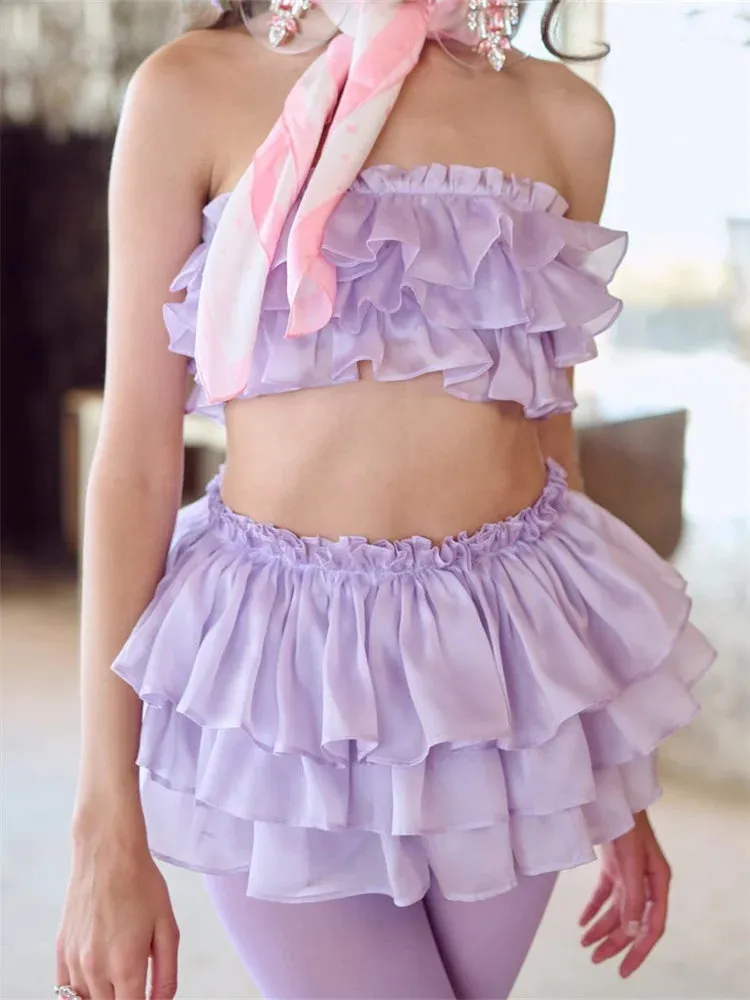 JuliaFashion - Solid Color Layered Ruffles Tube Tops Short Skirts Suits