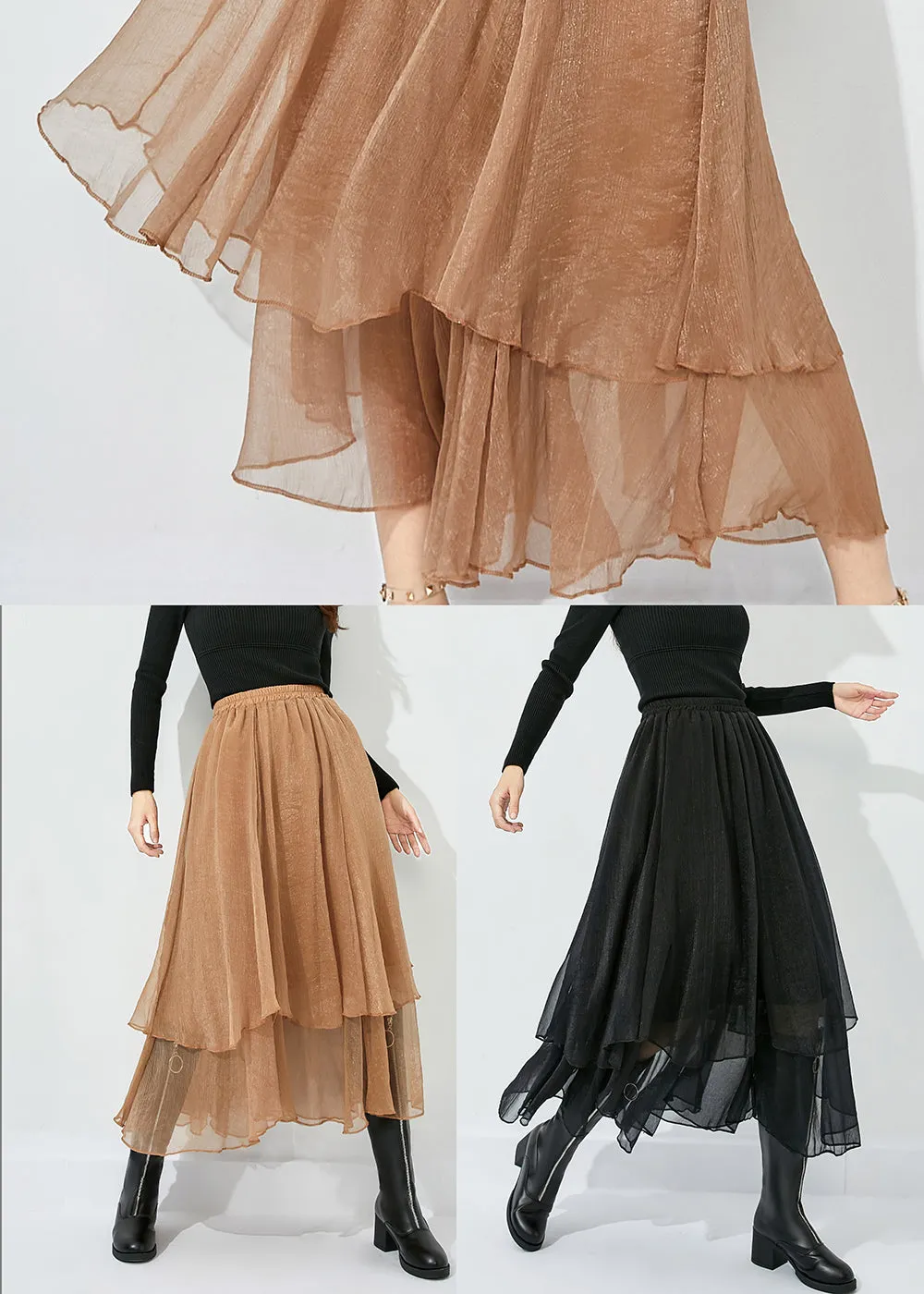 Khaki Layered Tulle A Line Skirts Exra Large Hem Oversized Summer LY0849