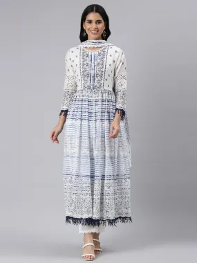 Neerus Blue Pleated Curved Printed Kurta and Trousers With Dupatta