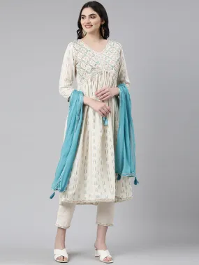 Neeru's Off White Pleated Anarkali Printed Kurta And Trousers With Dupatta