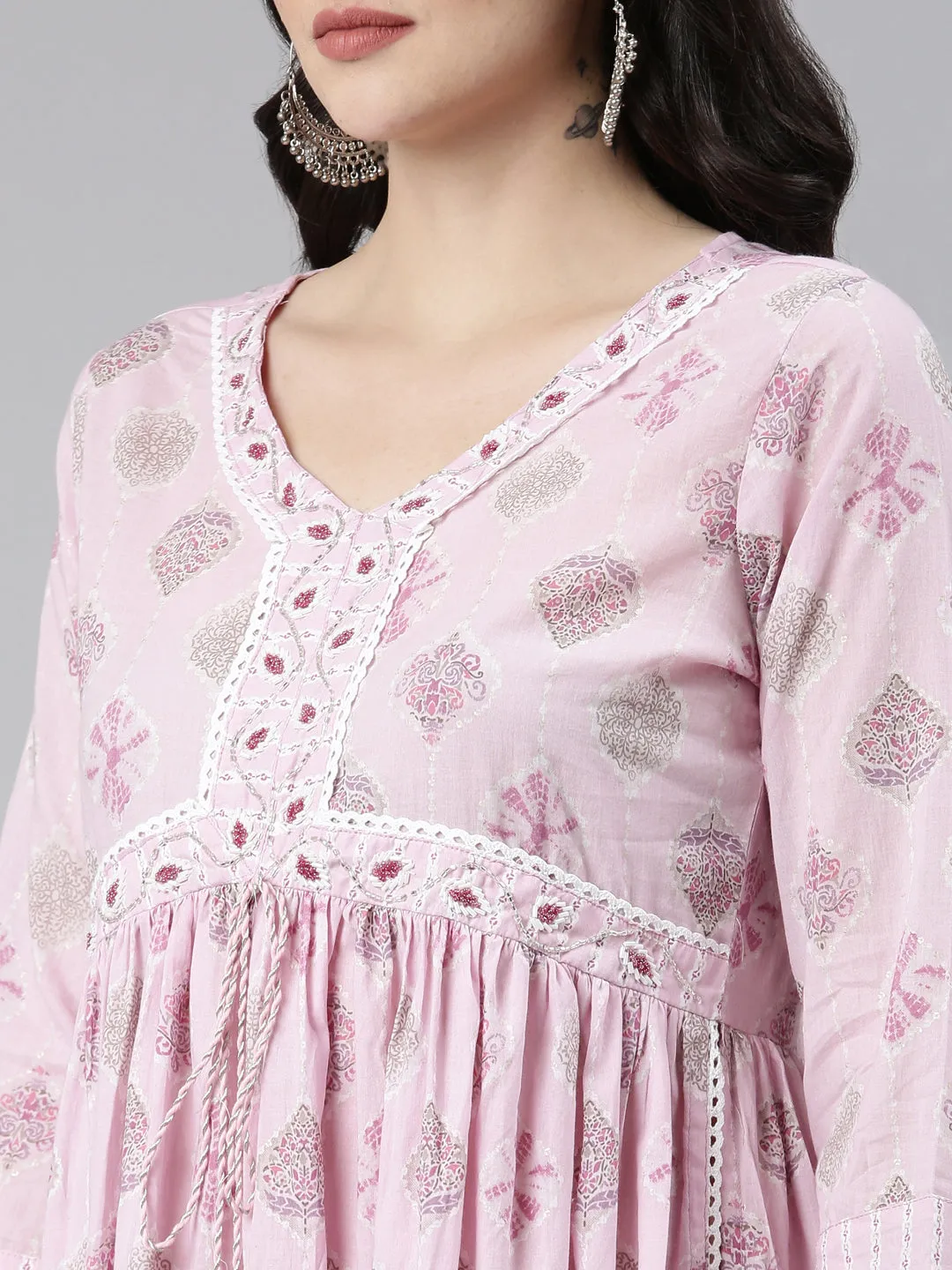 Neeru's Pink Pleated Anarkali Printed Kurta And Trousers With Dupatta