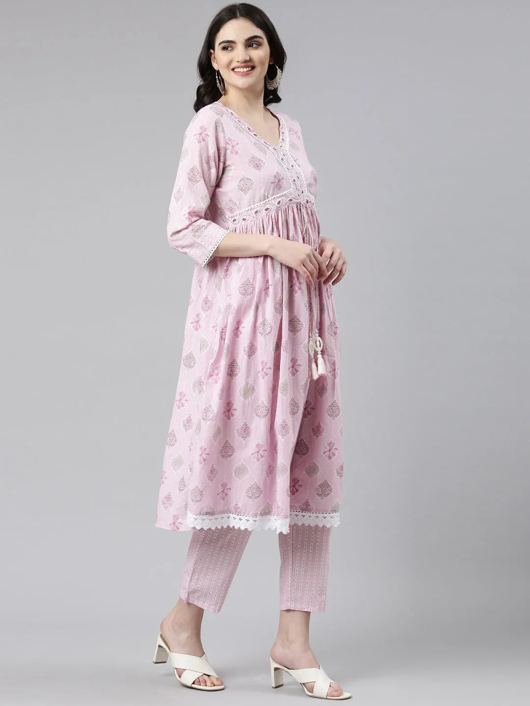 Neeru's Pink Pleated Anarkali Printed Kurta And Trousers With Dupatta