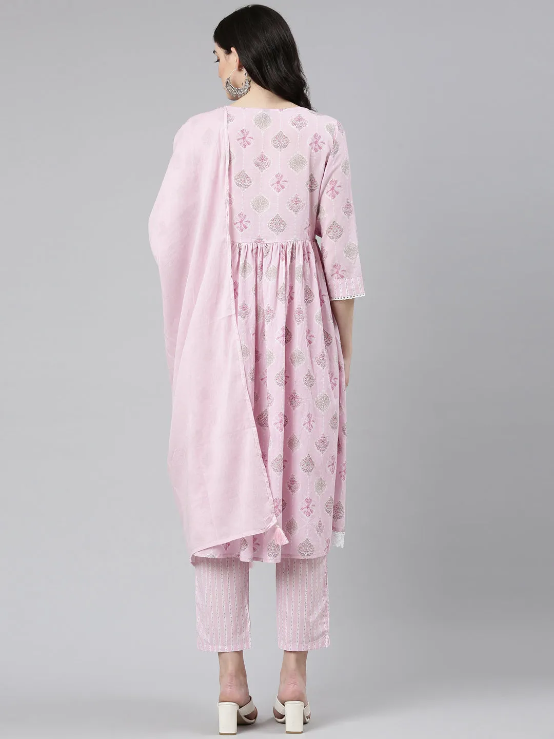 Neeru's Pink Pleated Anarkali Printed Kurta And Trousers With Dupatta