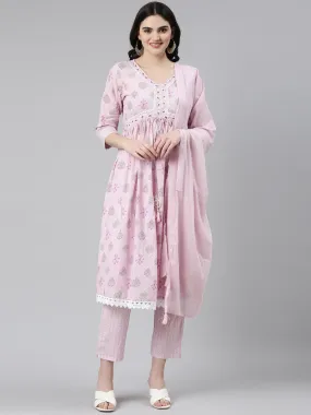 Neeru's Pink Pleated Anarkali Printed Kurta And Trousers With Dupatta