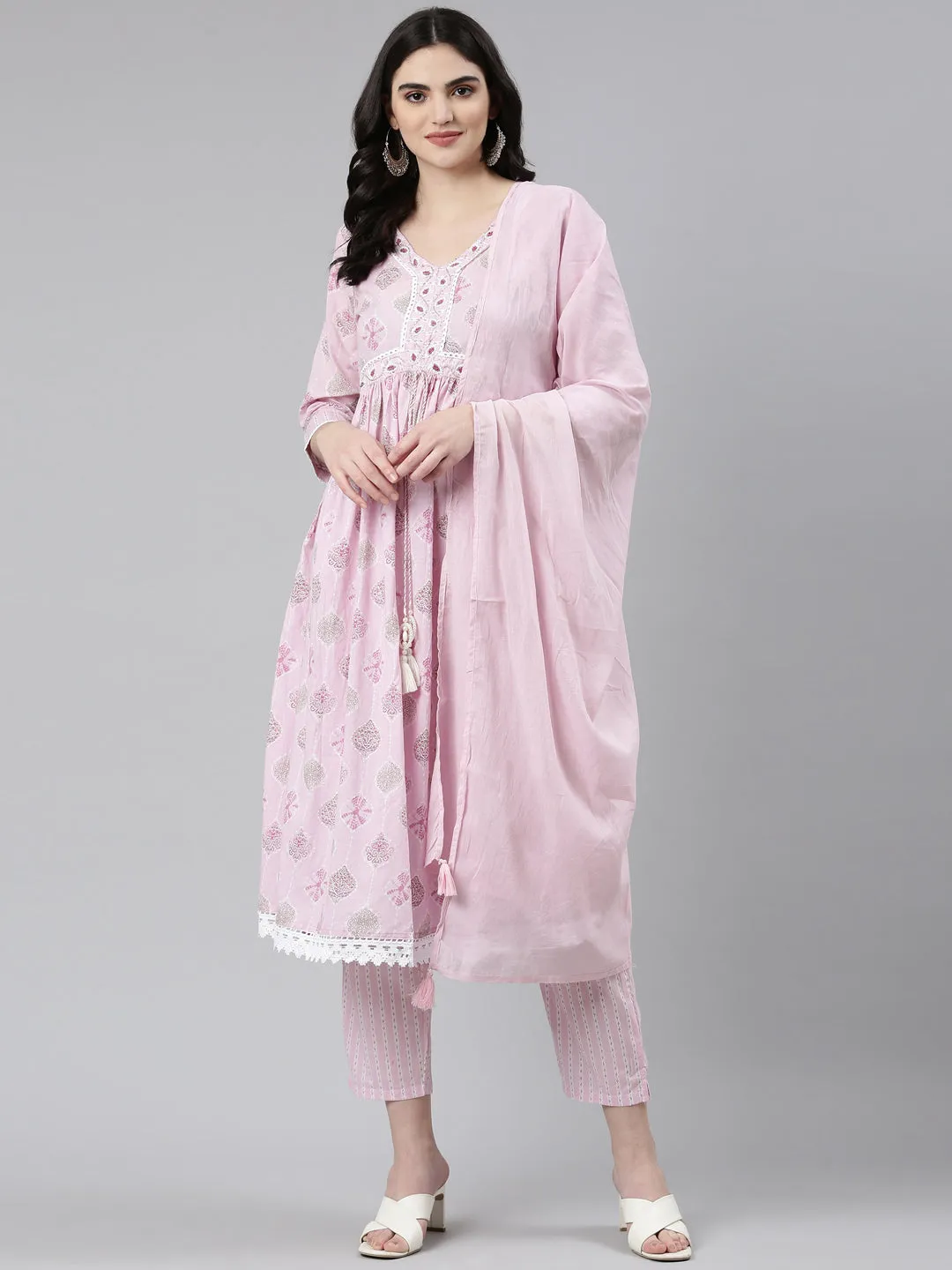 Neeru's Pink Pleated Anarkali Printed Kurta And Trousers With Dupatta