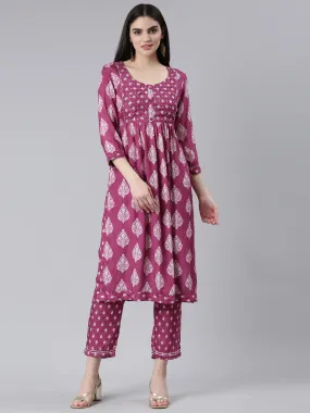 Neeru's Purple Pleated Straight Printed Kurta And Trousers