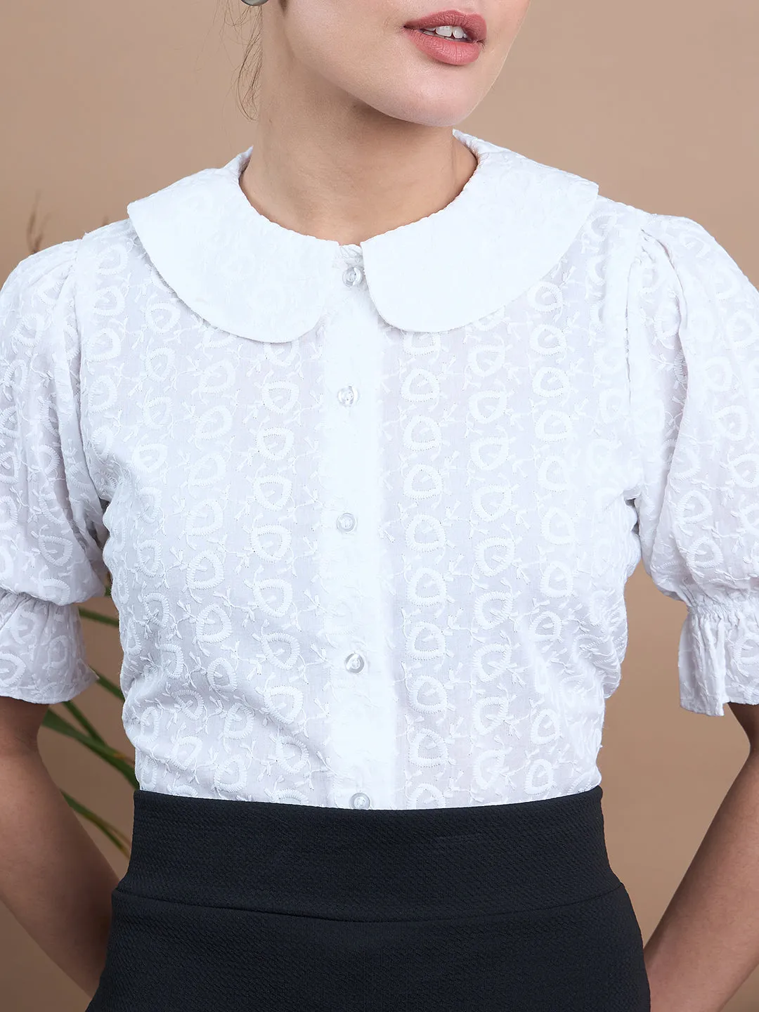 Noi Women White Schiffli Puff Sleeve Formal Shirt