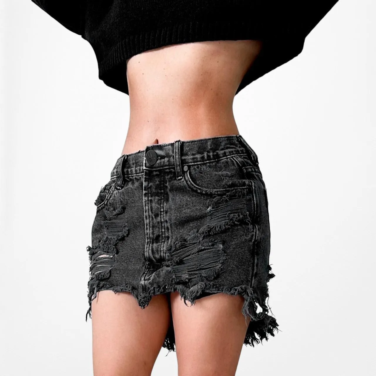 One Teaspoon Gray Distressed Destroyed Mid Rise Denim Mini Skirt Size XS/S