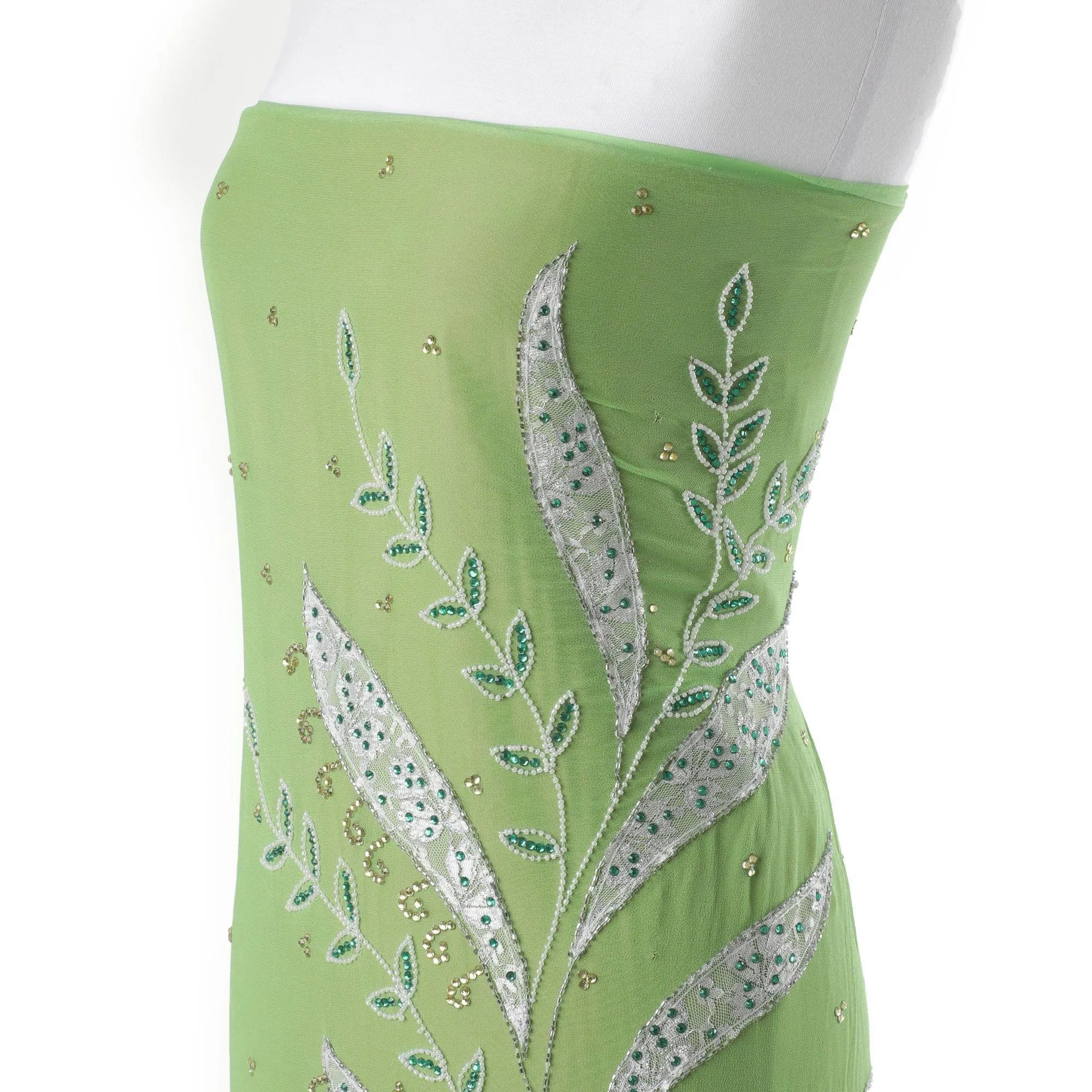 Parrot green to Persian green georgette chiffon fabric with silver embroidery having white bead work, gold and green stone work in leaf design